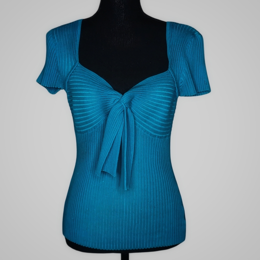 VTG Y2K Women L Teal Babydoll Coquette Sweetheart Form Fitting Ribbed Knit Top
